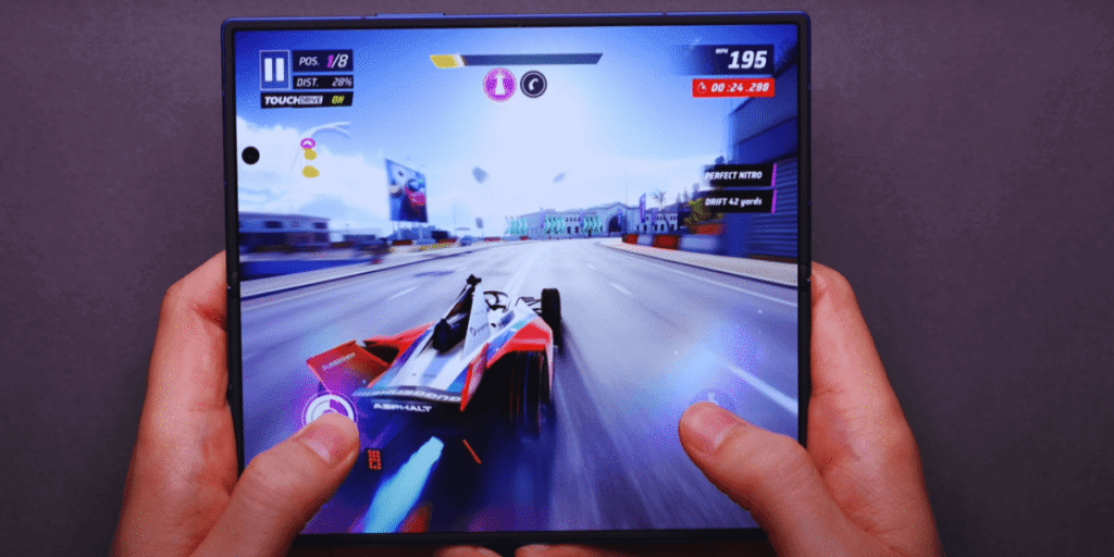 Galaxy Z Fold 7 showcasing high-quality display while playing a game in unfolded mode