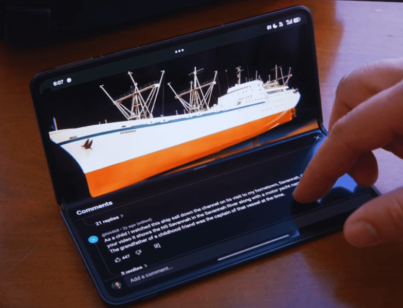 Samsung Galaxy Z Fold 7 showing its folding display in action with smooth hinge transition