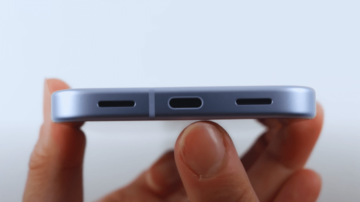 Google Pixel 10 Series Review: Bottom view showing USB-C port, speaker on the right, and microphone on the left.