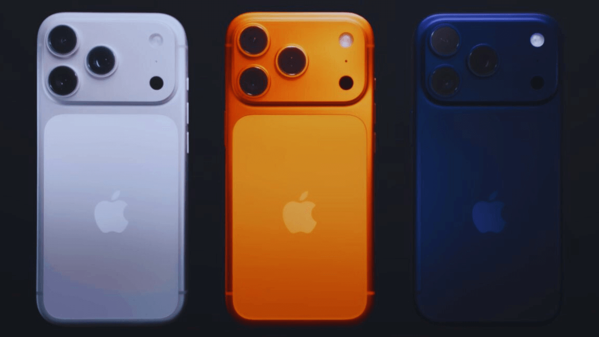iPhone 17 Pro Review showing all official colors – Deep Blue, Cosmic Orange, and Silver