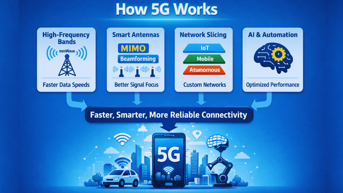 Diagram showing how 5G technology works using high-frequency bands, Massive MIMO antennas, network slicing, and AI automation