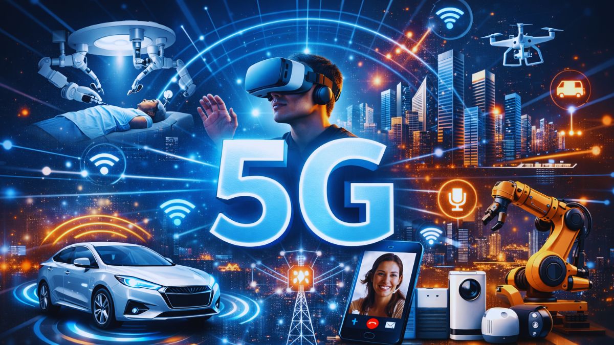 Illustration showing 5G technology powering autonomous vehicles, smart cities, VR/AR experiences, remote healthcare, IoT devices, and industrial automation with glowing 5G icons and connected signals.