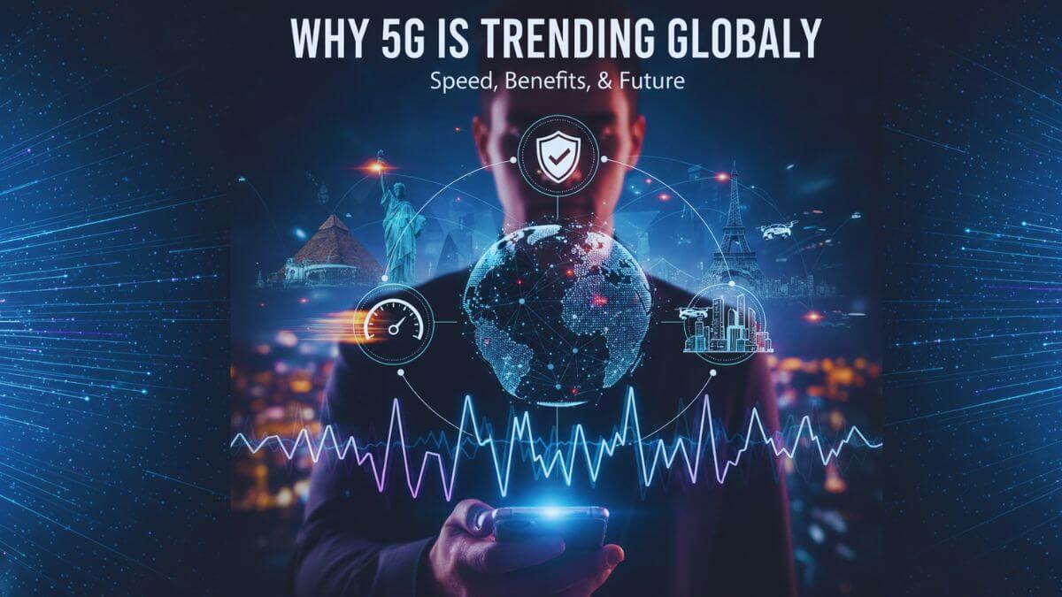 Futuristic digital illustration showing 5G technology connecting a smartphone, autonomous cars, smart city buildings, drones, IoT devices, and robotic automation with glowing 5G signals.