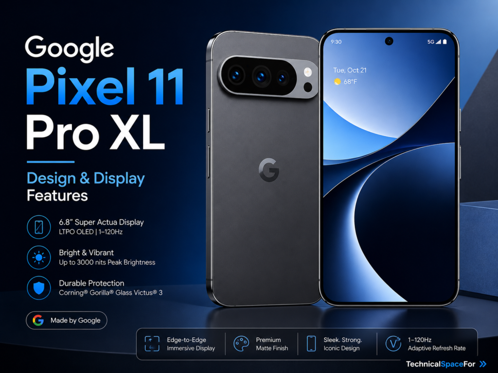Google Pixel 11 Pro XL Leak design and display with front and back views on a premium blue tech background.