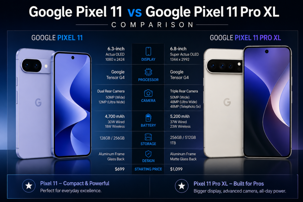 Comparison image of the Google Pixel 11 and Google Pixel 11 Pro XL showing their design, display, camera, battery, and key specifications side by side.