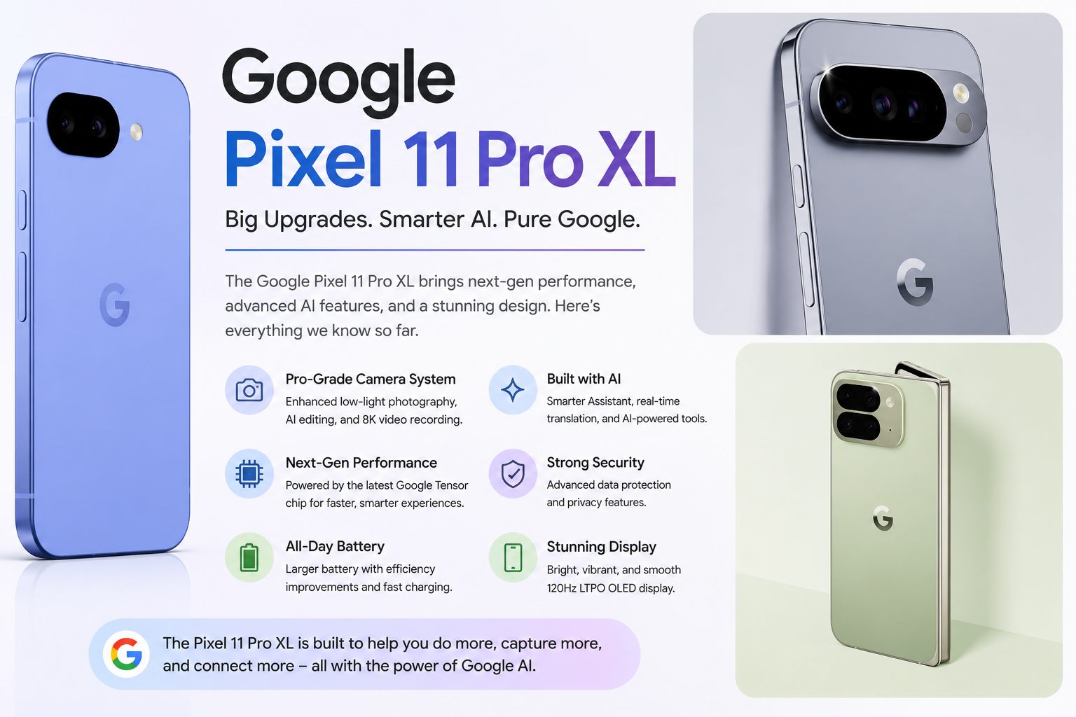 Google Pixel 11 Pro XL Leak promotional banner featuring multiple phone color options with highlights of its AI features, camera system, battery life, performance, and premium design