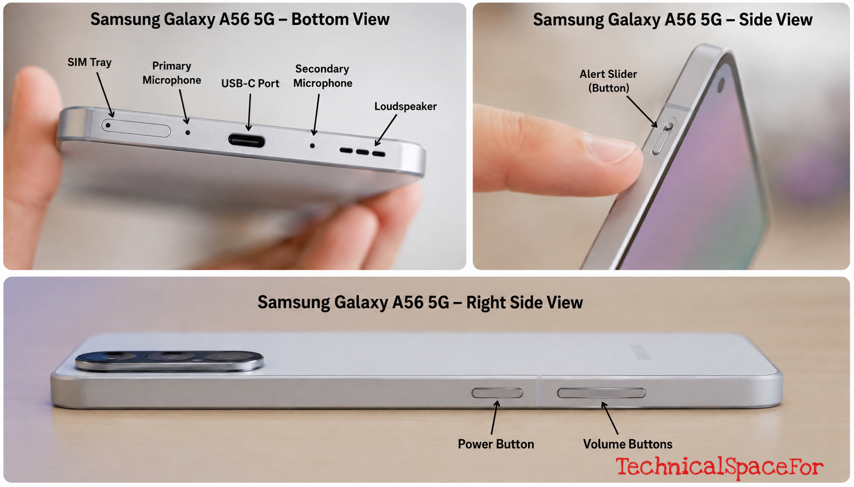 Samsung Galaxy A56 5G ports, buttons and side controls infographic