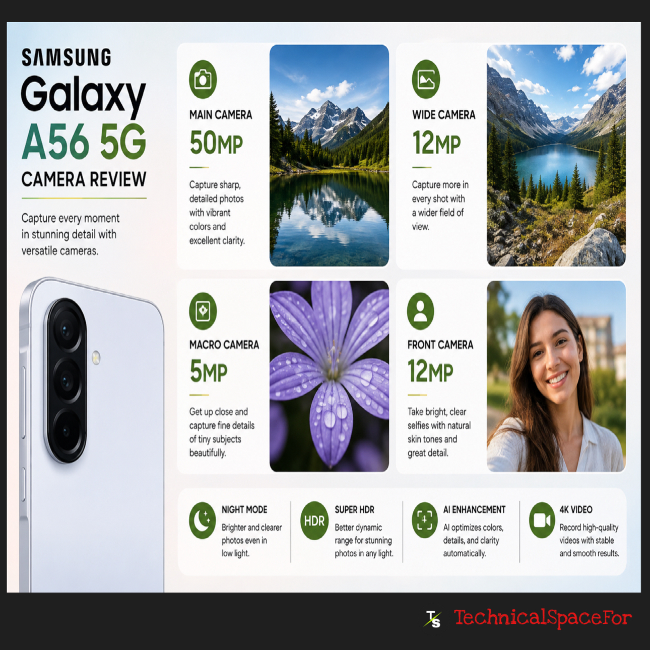 Samsung Galaxy A56 5G camera setup with 50MP main, 12MP wide, 5MP macro and 12MP front camera