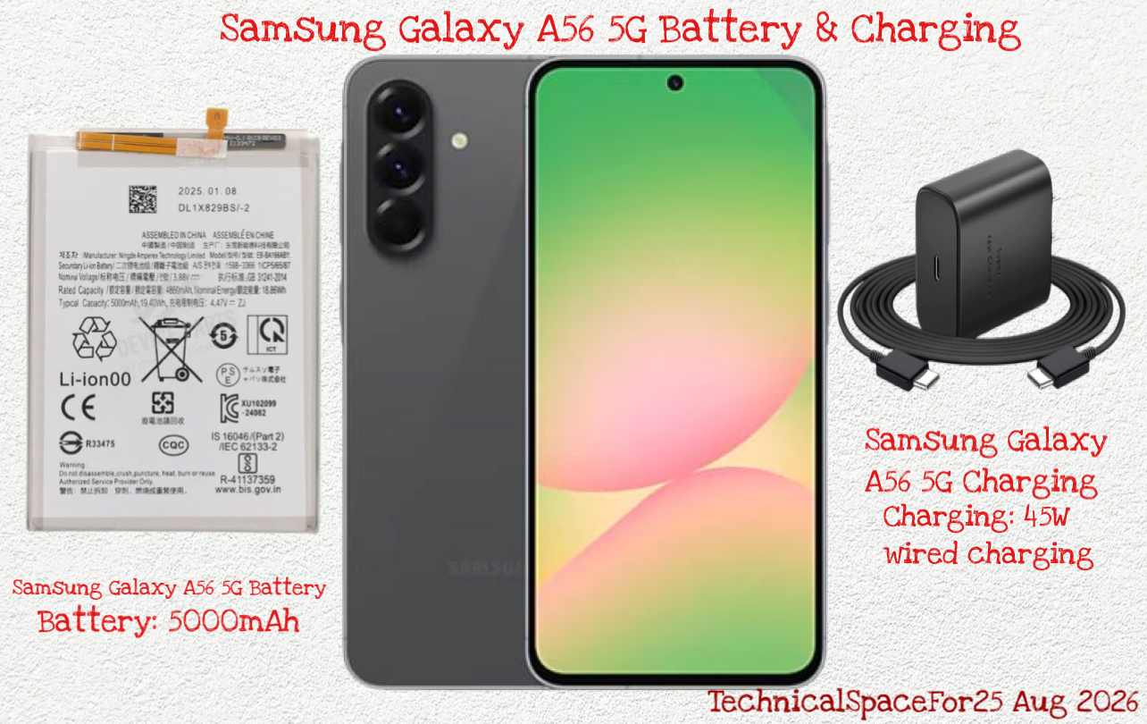 Samsung Galaxy A56 5G battery and charging with 5000mAh battery and 45W fast charging