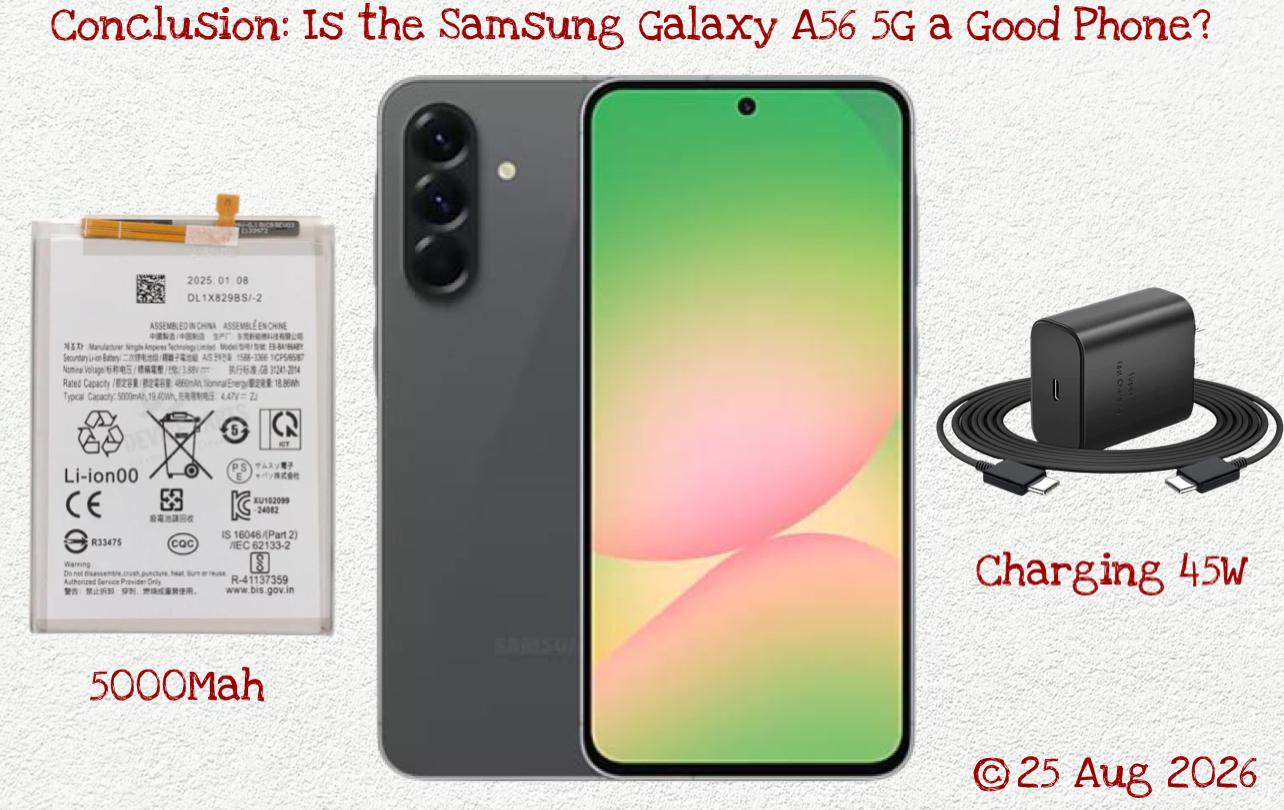 Samsung Galaxy A56 5G conclusion highlighting its display, camera, battery, performance and overall value
