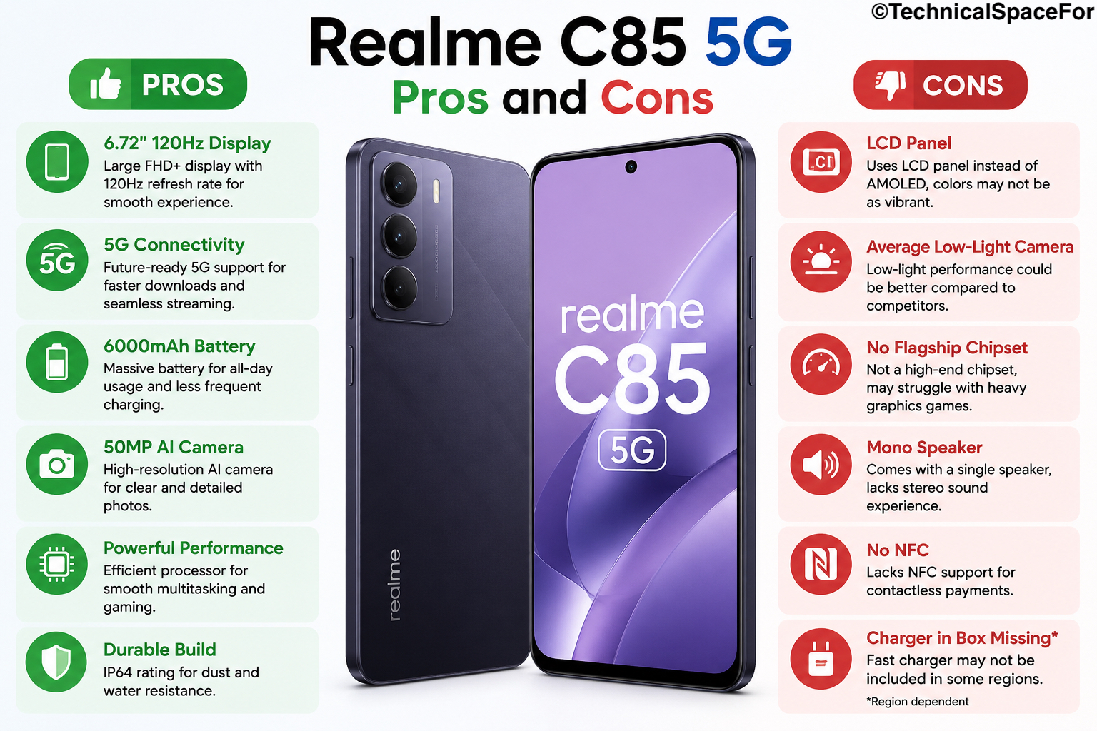 Realme C85 5G pros and cons highlighting its 7,000mAh battery, 144Hz display, 5G performance, durable design and key drawbacks.