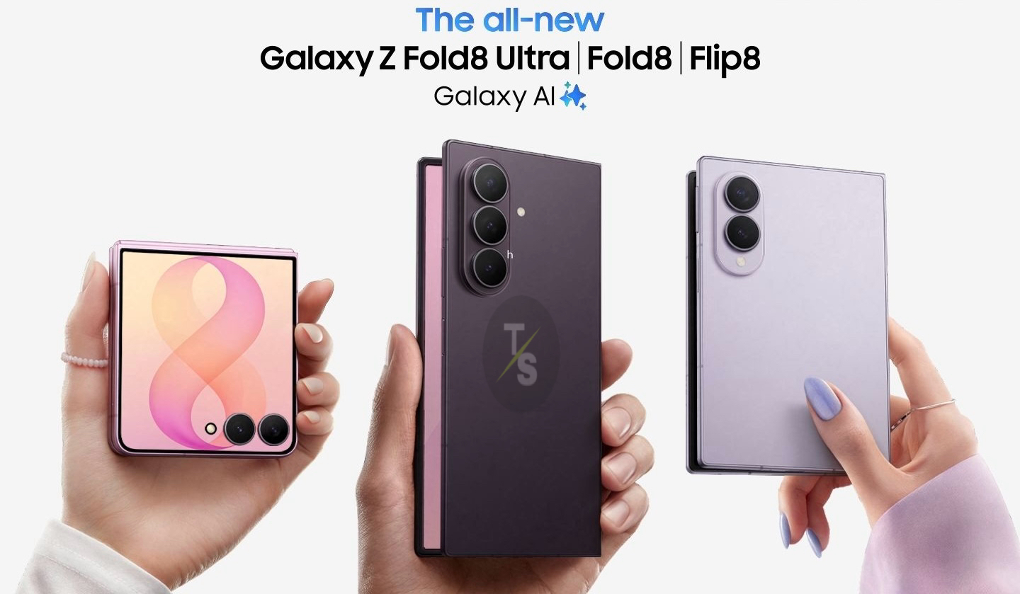 Samsung Galaxy Z Fold8 Ultra and Z Flip8 foldable smartphones alongside Galaxy AI branding, highlighting Samsung’s latest foldable devices and AI-powered features.