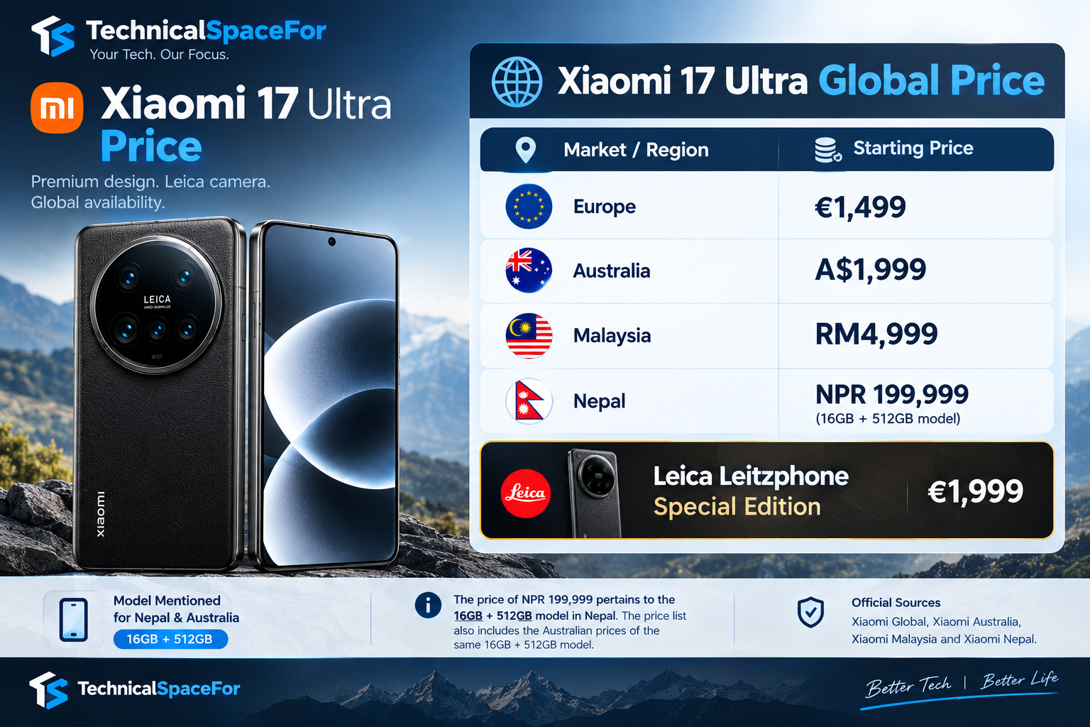 Xiaomi 17 Ultra global price infographic showing prices for Europe, Australia, Malaysia and Nepal.