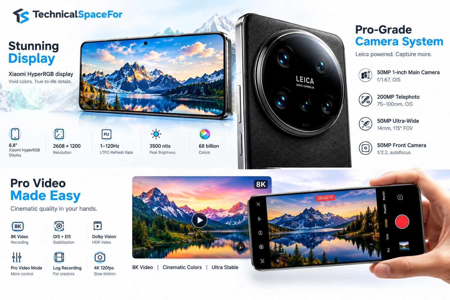 Xiaomi 17 Ultra display, Leica camera system, and video features.