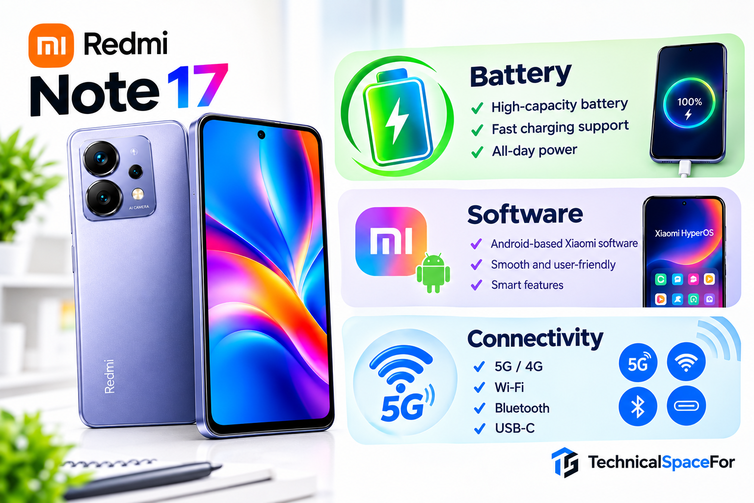 Redmi Note 17 battery, software and connectivity features