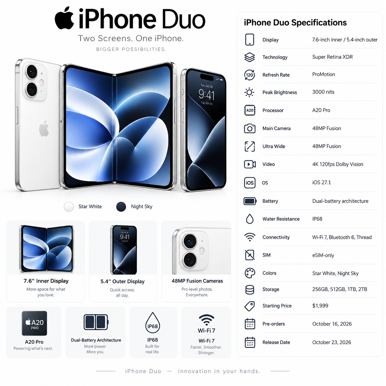 iPhone Duo foldable smartphone in white theme showing inner and outer displays, 48MP Fusion cameras, A20 Pro chip, dual-battery architecture, and detailed specifications including price and release date.