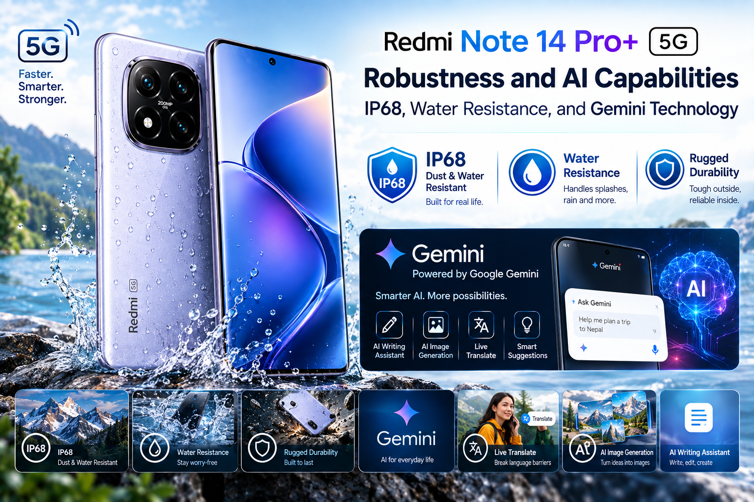 Redmi Note 14 Pro+ 5G with IP68 water resistance, 5G connectivity, and Gemini AI features