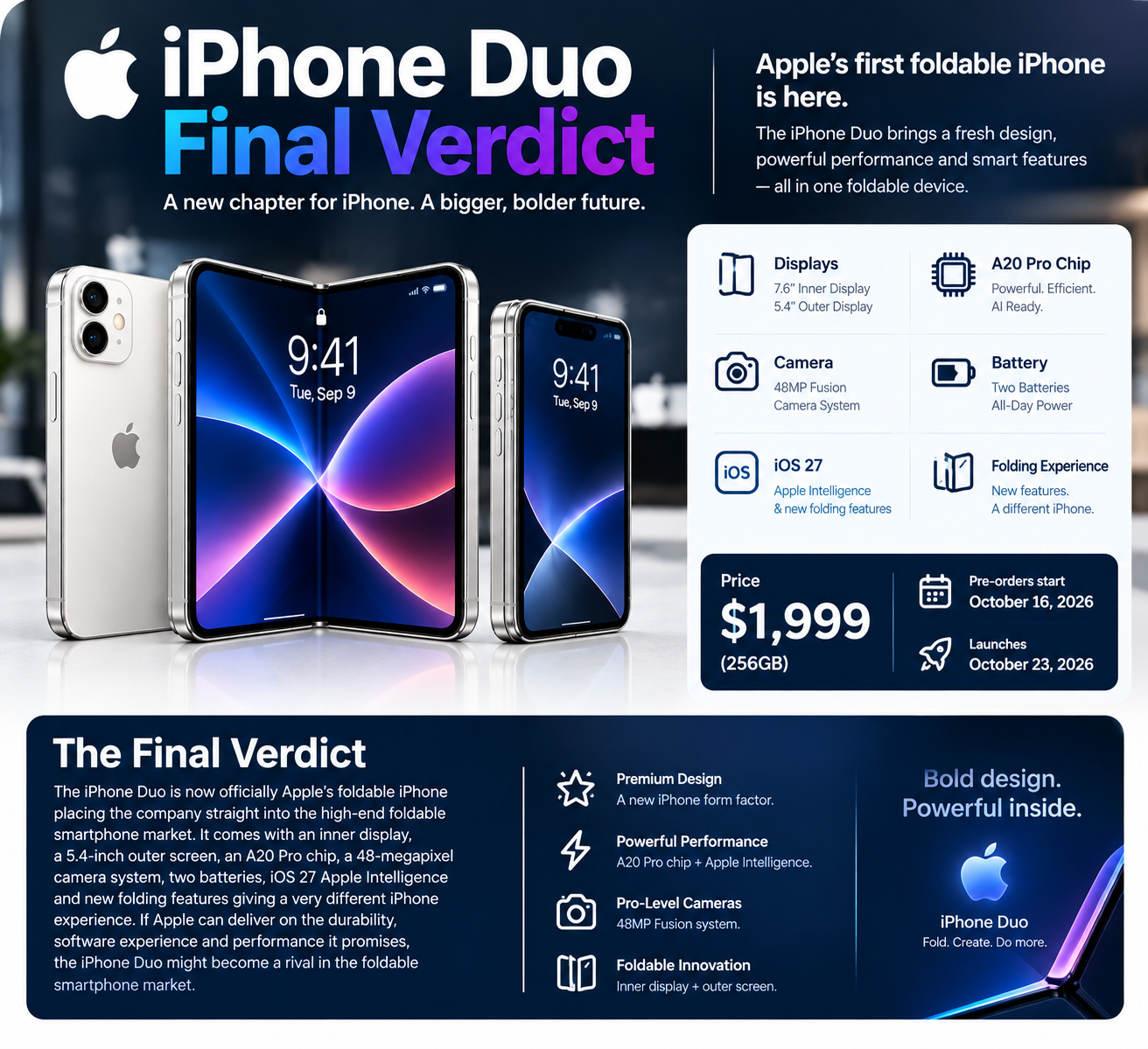 iPhone Duo foldable smartphone final verdict infographic highlighting its 7.6-inch inner display, 5.4-inch outer screen, A20 Pro chip, 48MP Fusion camera system, dual batteries, iOS 27, Apple Intelligence, $1,999 starting price, and October 2026 launch.