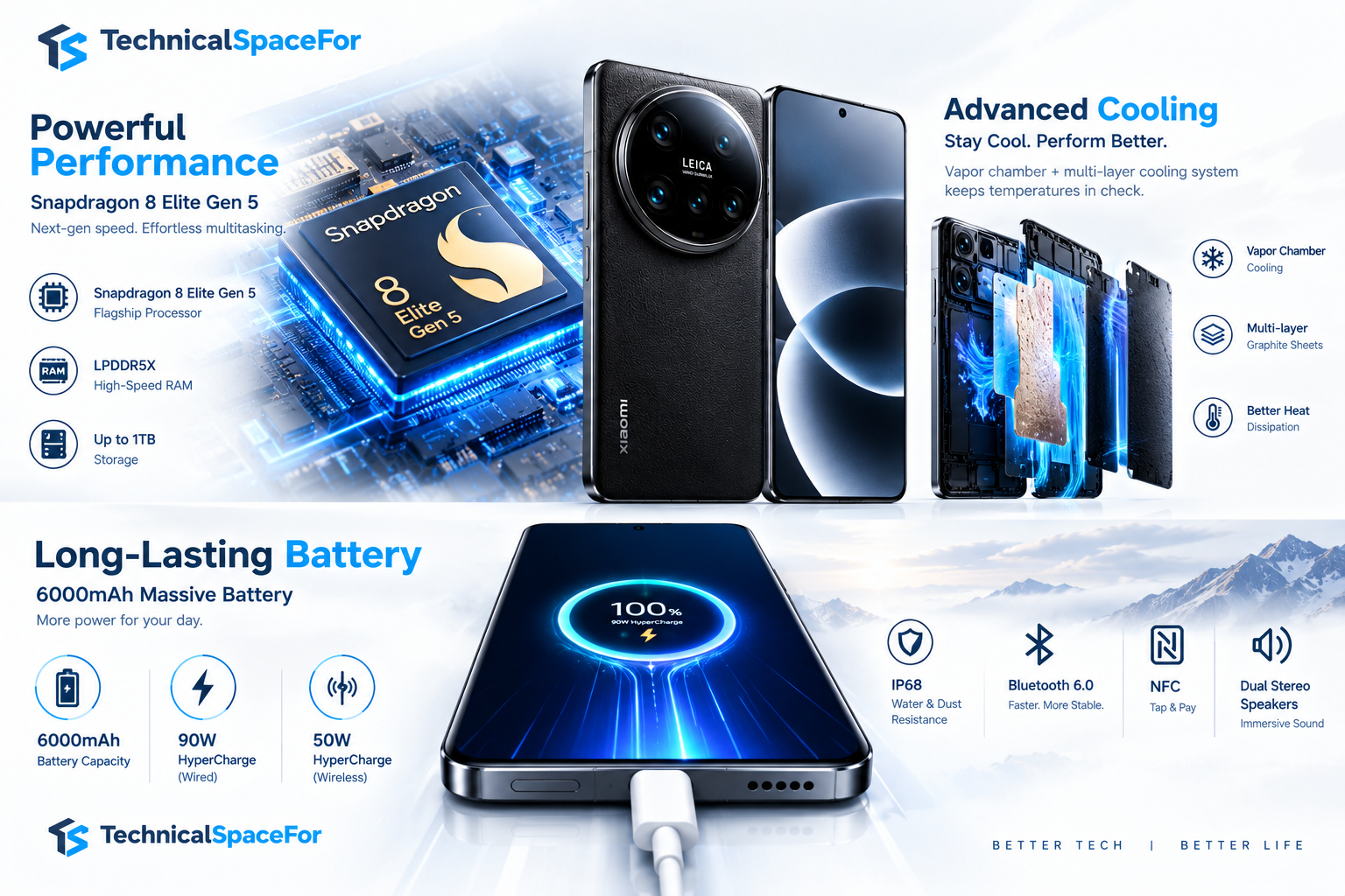 Xiaomi 17 Ultra performance, cooling system, and 6000mAh battery infographic.
