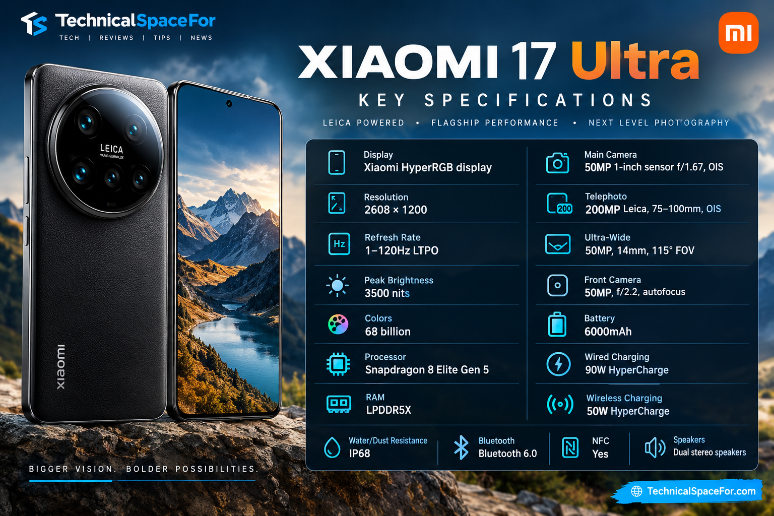 Xiaomi 17 Ultra key specifications infographic by TechnicalSpaceFor