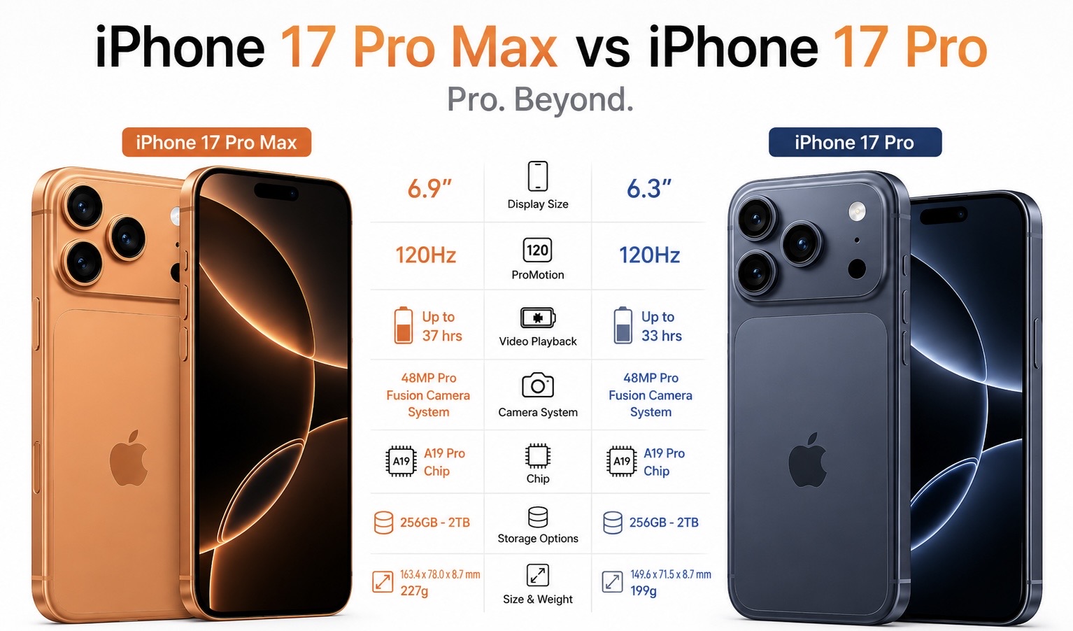 iPhone 17 Pro Max vs iPhone 17 Pro comparison showing differences in display size, battery life, camera system, performance, storage and design.