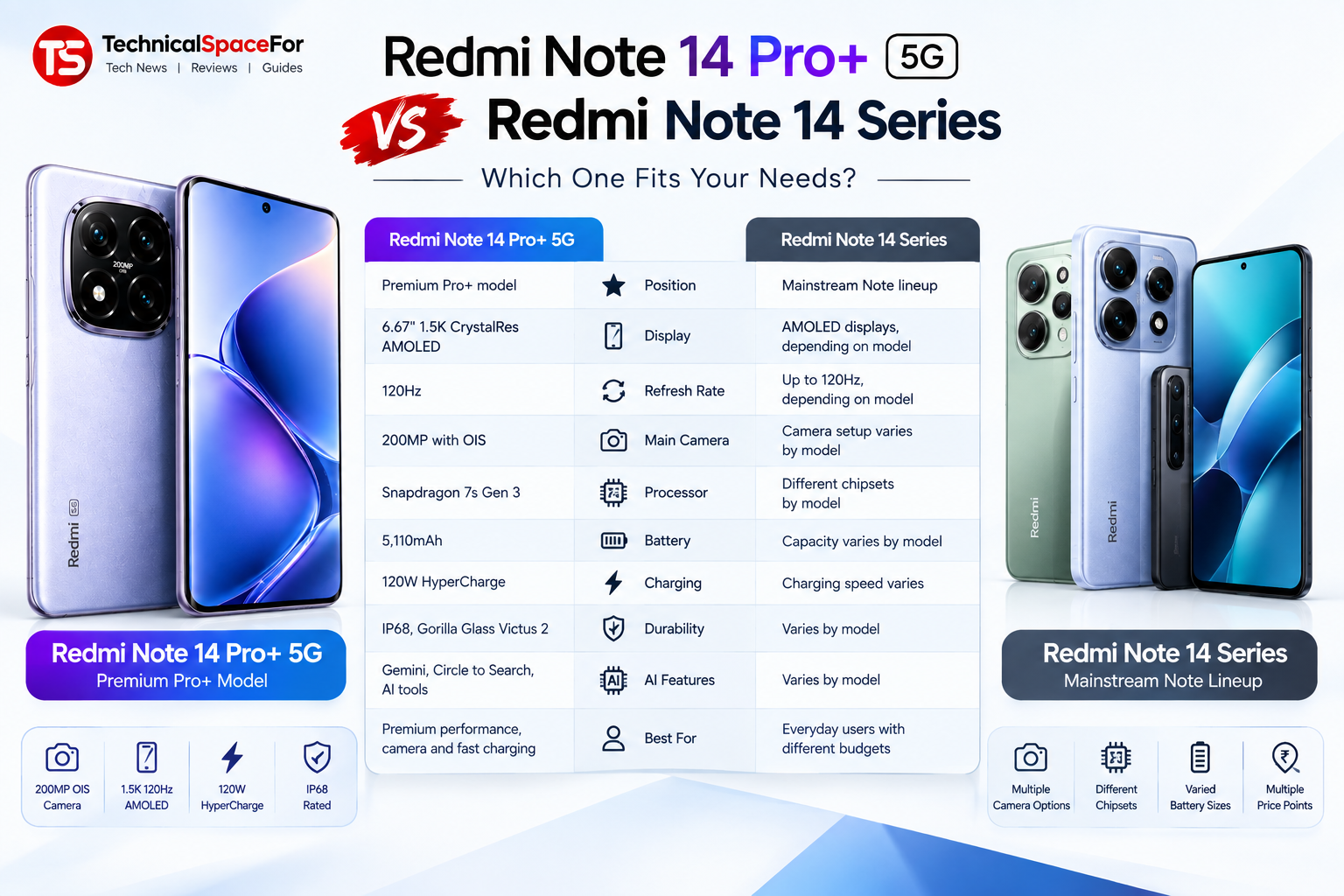 Redmi Note 14 Pro+ 5G vs Redmi Note 14 Series comparison of display, camera, processor, battery and charging