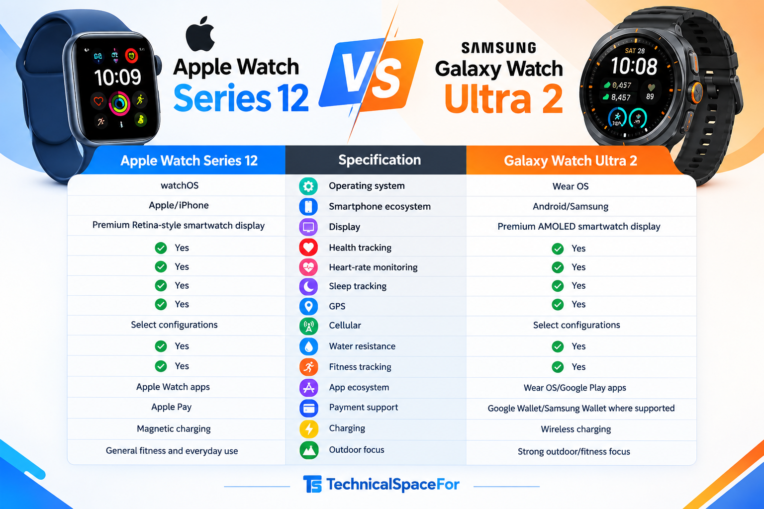 Apple Watch Series 12 vs Galaxy Watch Ultra 2 specifications comparison infographic