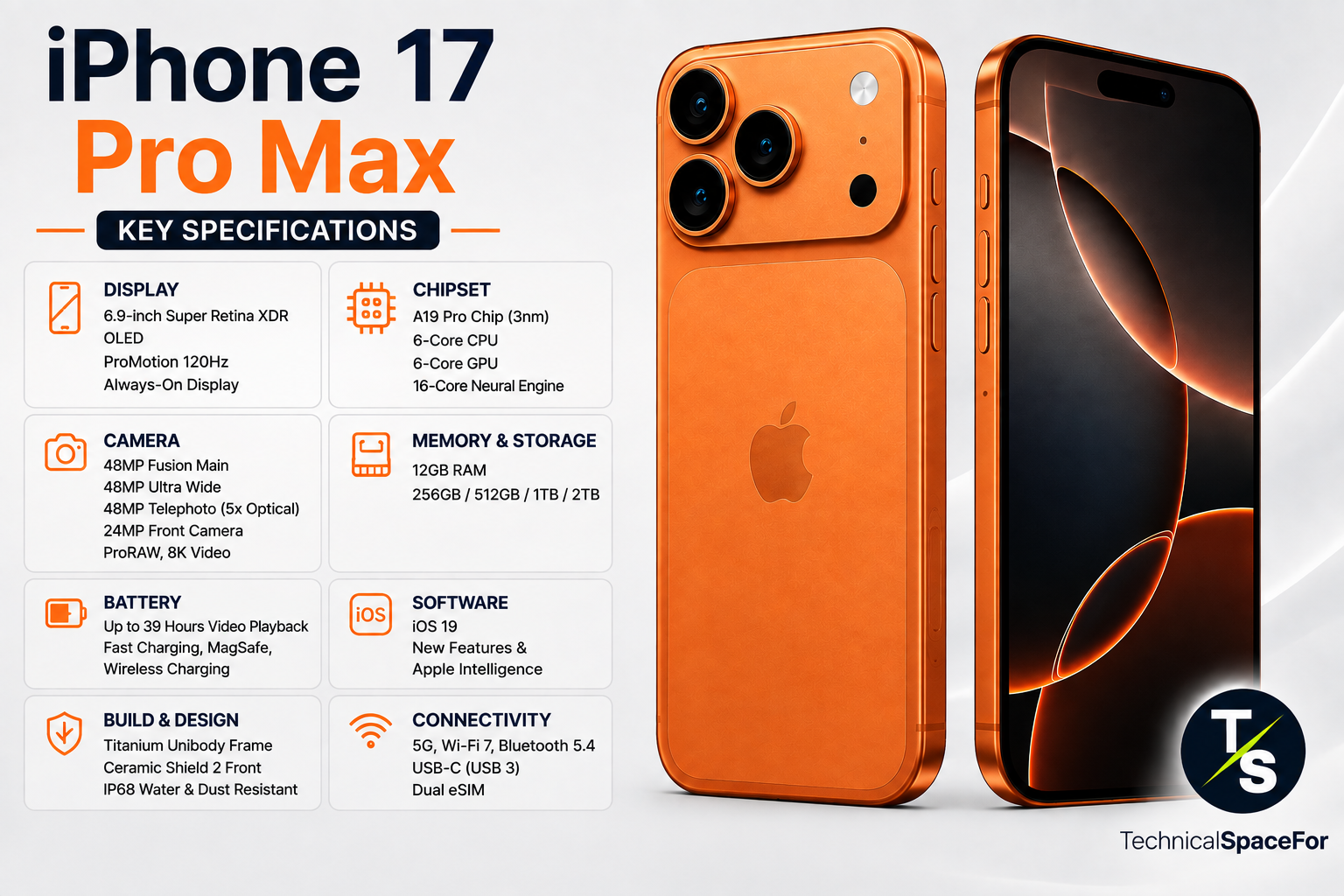 iPhone 17 Pro Max key specifications including display, A19 Pro chip, camera, battery, storage, and connectivity