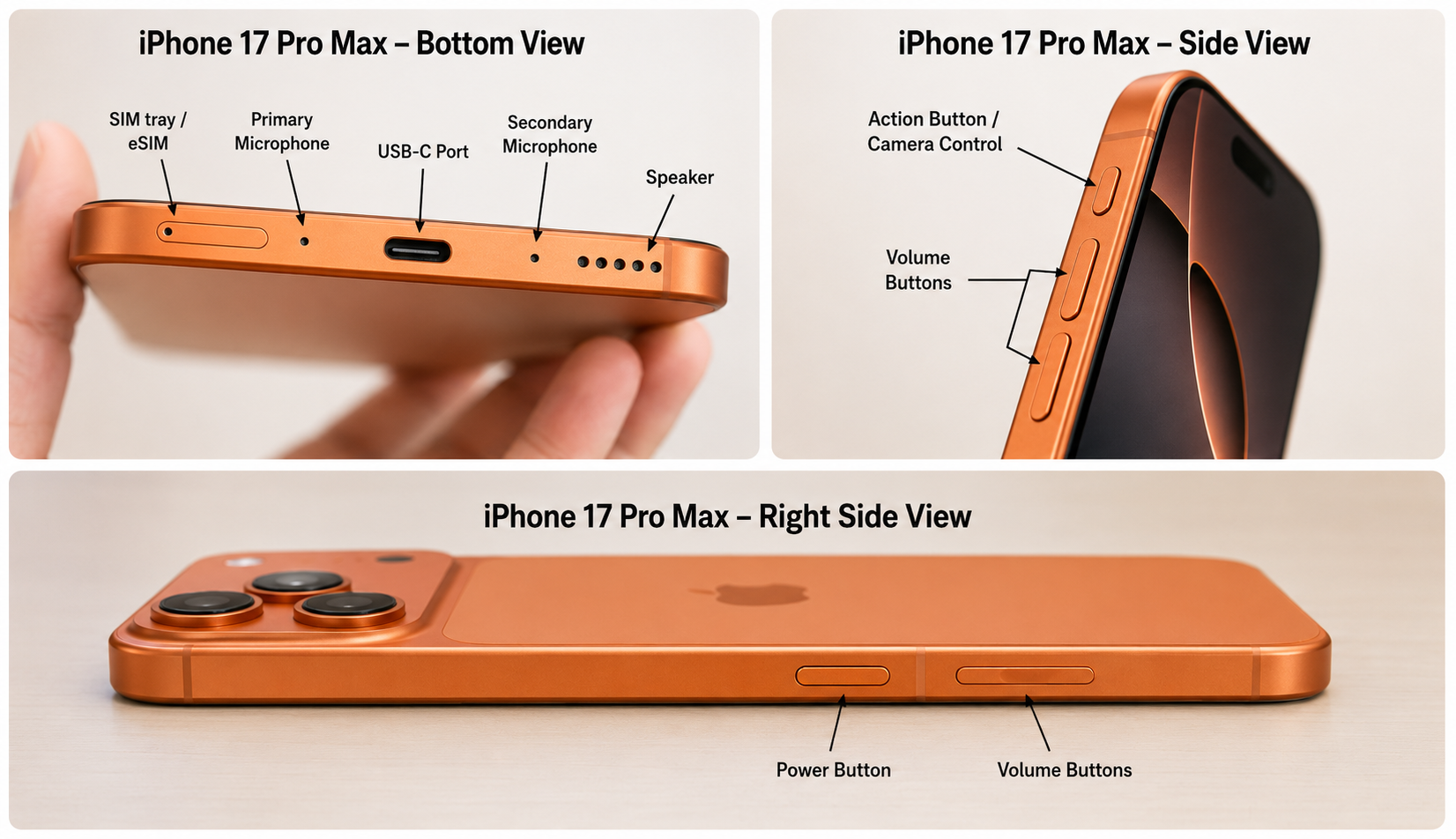 iPhone 17 Pro Max design showing the bottom, side, and right-side views with buttons, USB-C port, microphones, speaker, and camera module