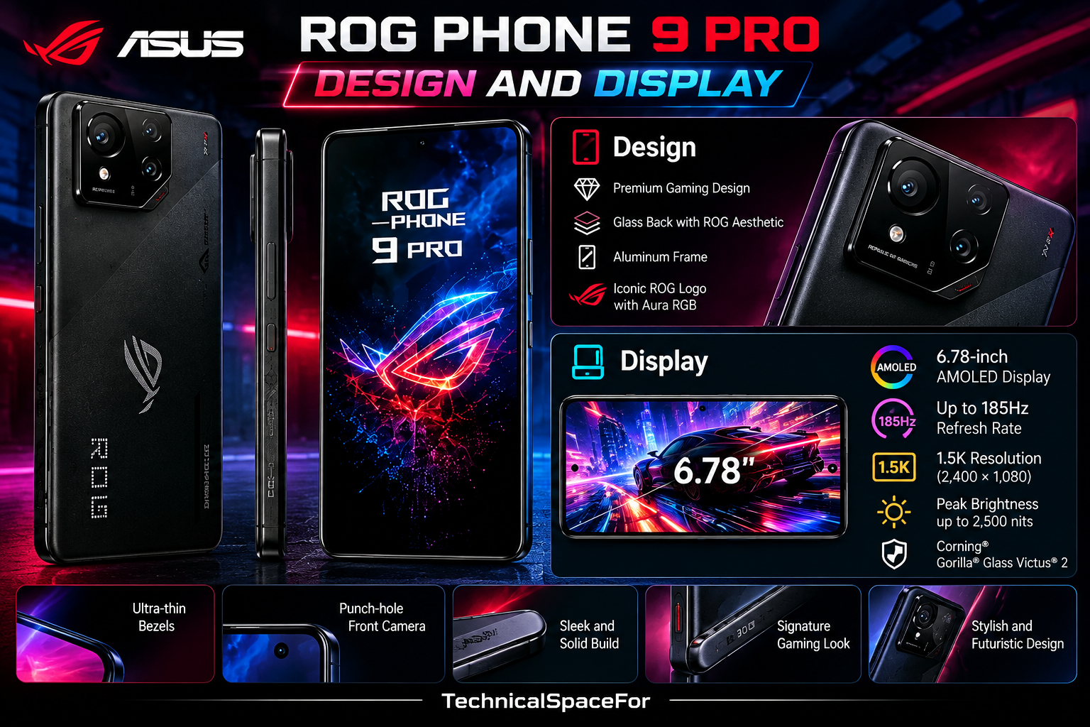 ASUS ROG Phone 9 Pro design and display infographic showing its gaming design, AMOLED display, 185Hz refresh rate, 1.5K resolution, and premium build.