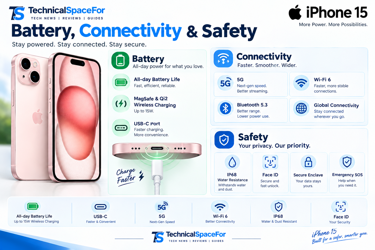 iPhone 15 battery, connectivity, and safety features