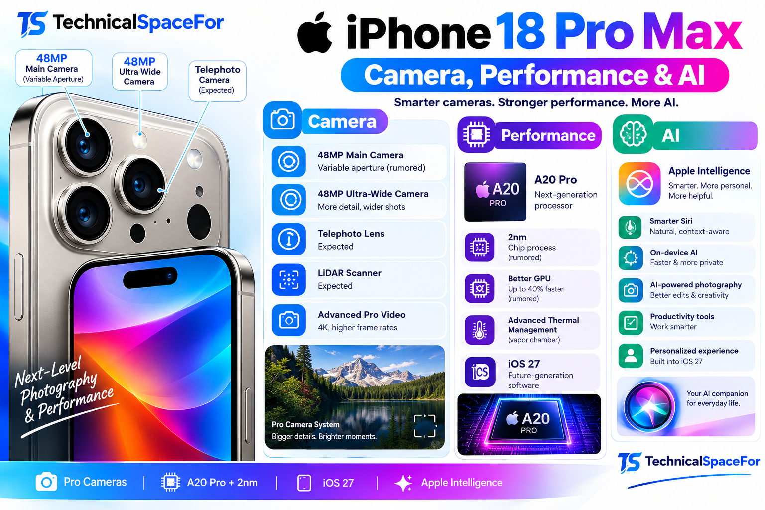 iPhone 18 Pro Max camera, A20 Pro performance, and Apple Intelligence features