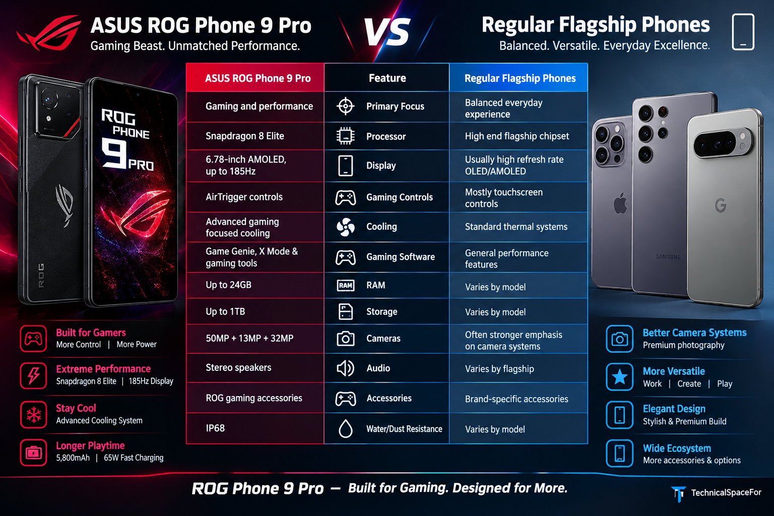 ASUS ROG Phone 9 Pro compared with regular flagship phones for gaming, performance, display, cameras, cooling, and features.