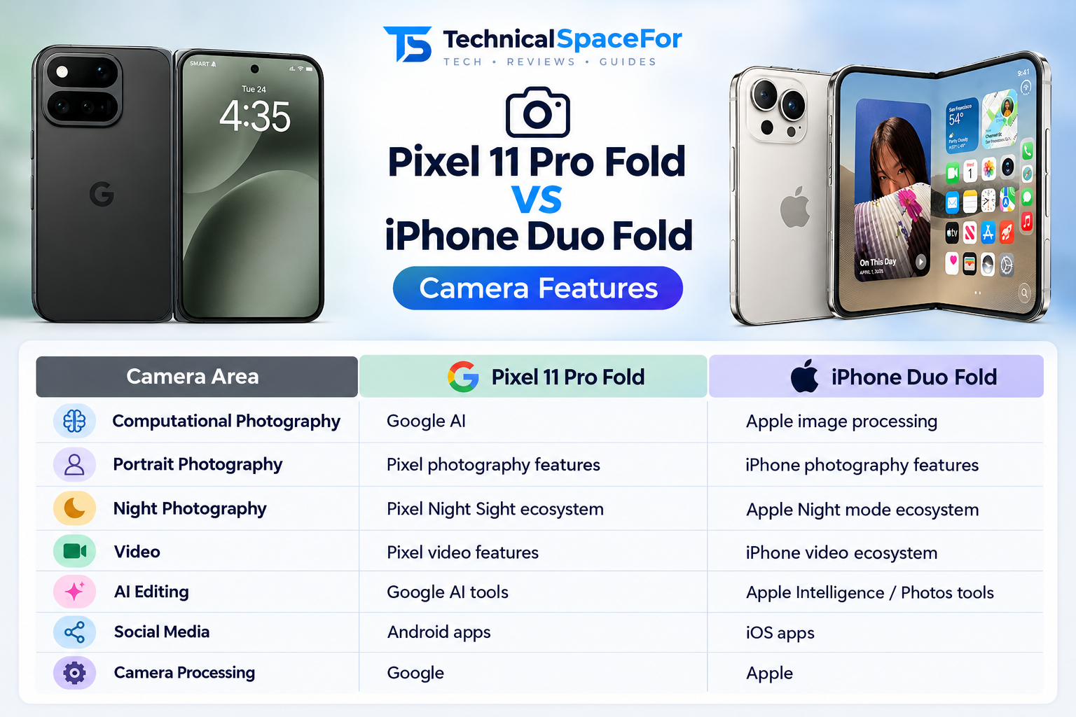 Pixel 11 Pro Fold vs iPhone Duo Fold camera features comparison