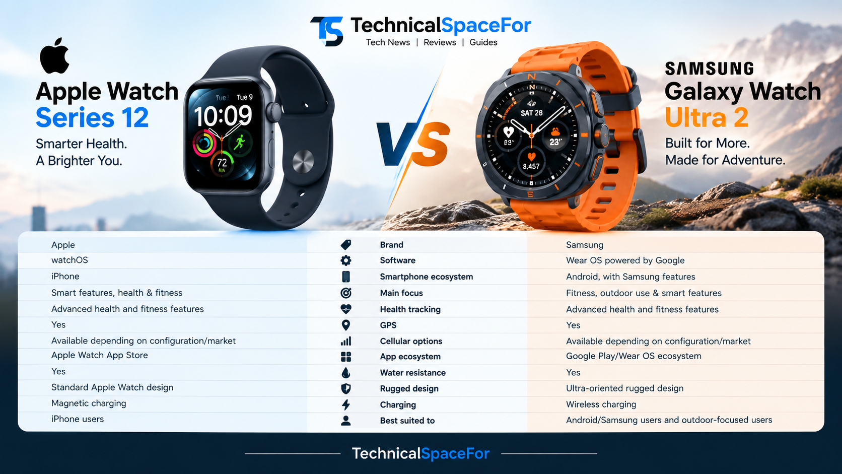 Comparing Apple Watch Series 12 to Samsung Galaxy Watch Ultra 2 on design, software, health monitoring, GPS, charging, and ecosystem distinctions.