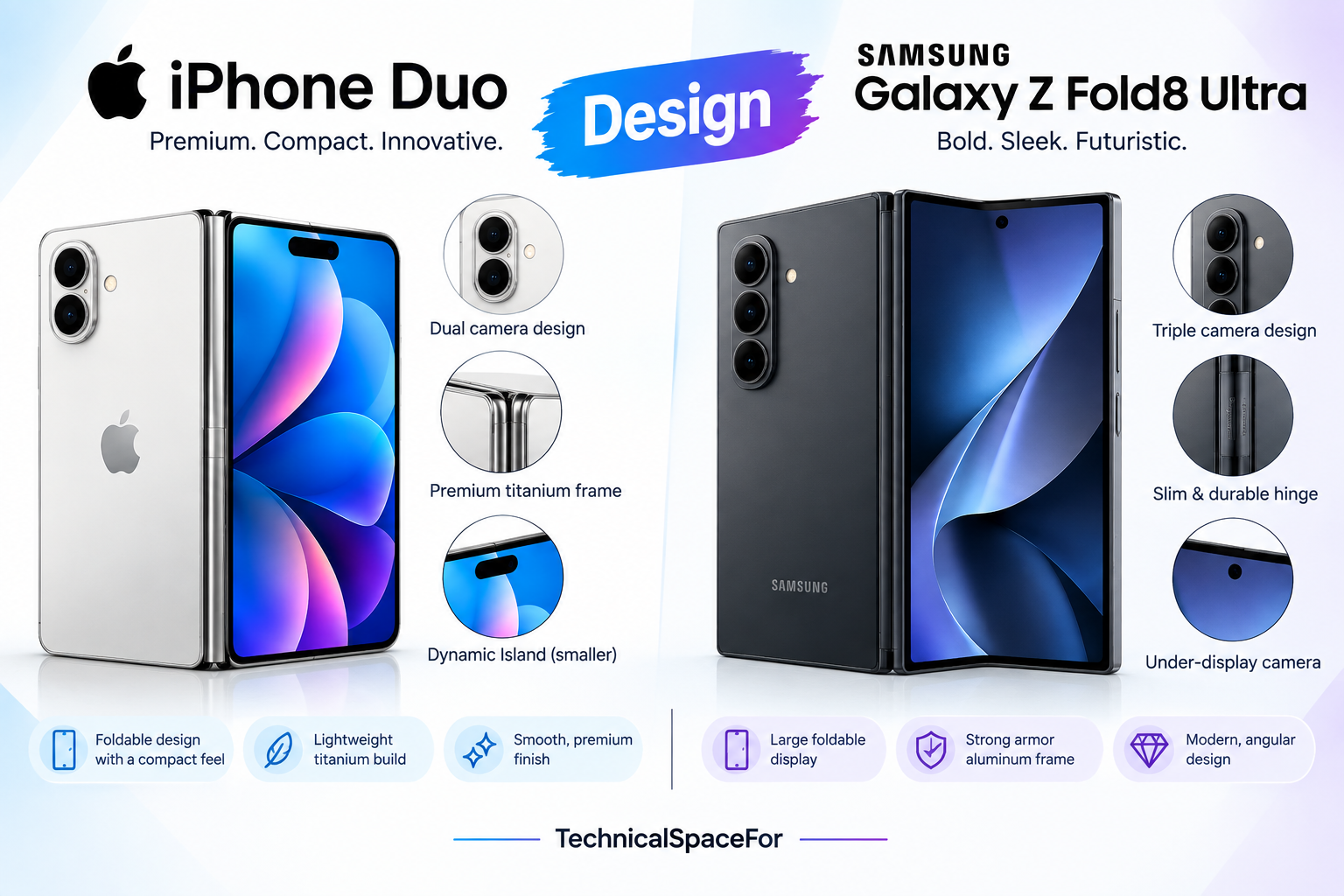 iPhone Duo vs Samsung Galaxy Z Fold8 Ultra design comparison showing both foldable phones