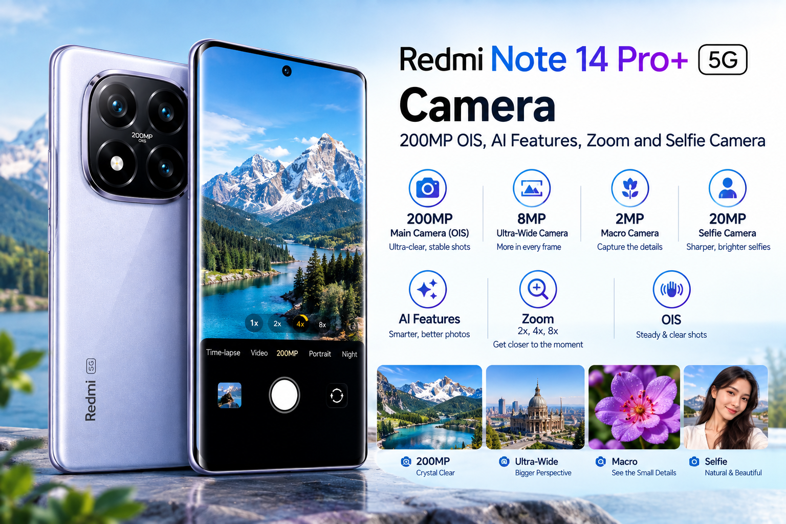 Redmi Note 14 Pro+ 5G camera with 200MP OIS, AI features, zoom and 20MP selfie camera
