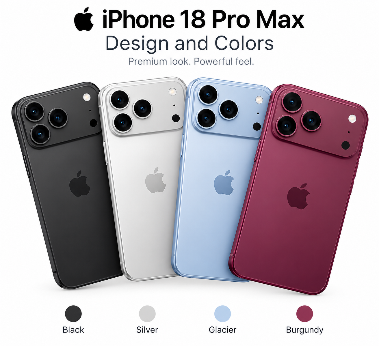 iPhone 18 Pro Max design and colors showcased on a white background