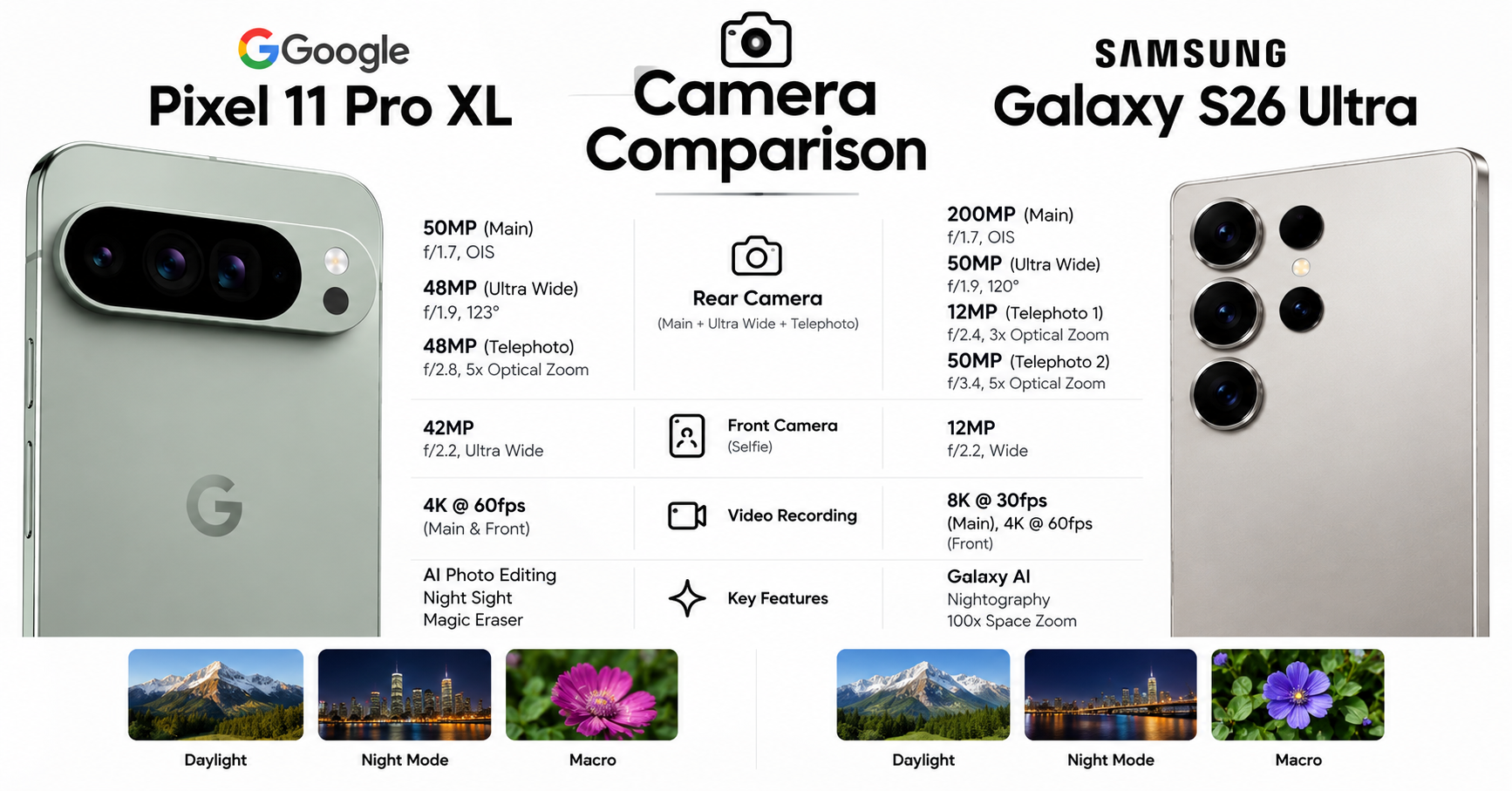 Google Pixel 11 Pro XL vs Samsung Galaxy S26 Ultra camera comparison showing rear camera sensors, telephoto lenses, ultra-wide cameras, front cameras, optical zoom and photography features.