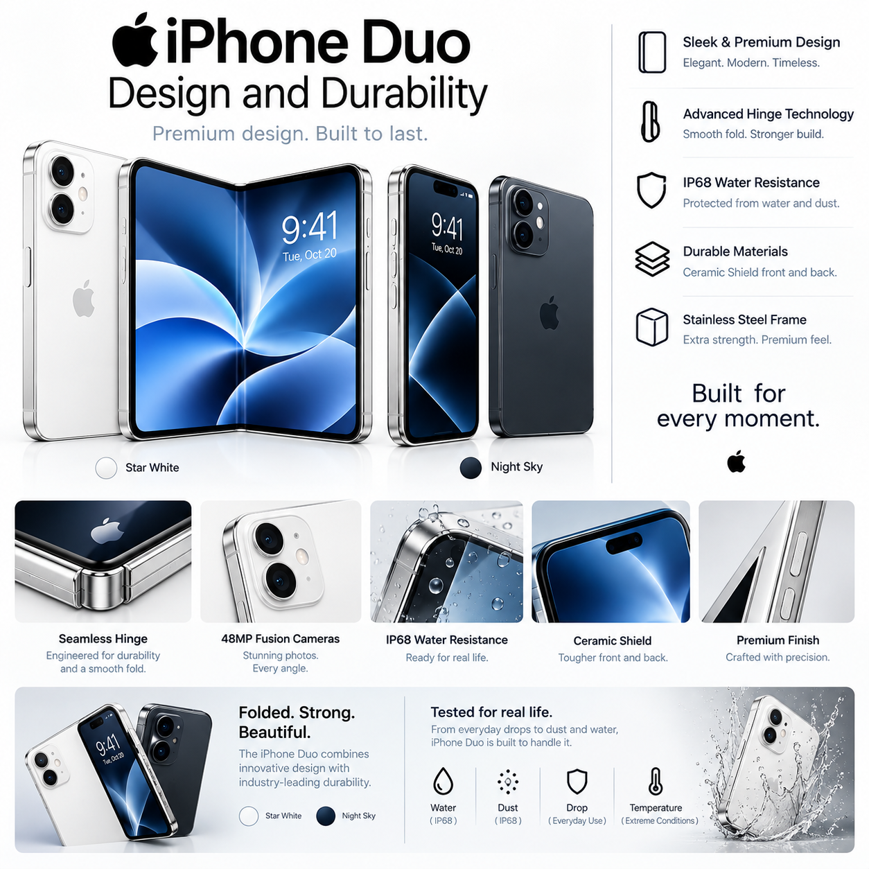 iPhone Duo foldable smartphone shown in Star White and Night Sky, highlighting its premium build, seamless hinge, durable materials, Ceramic Shield, stainless-steel frame, 48MP Fusion cameras, and IP68 water resistance.