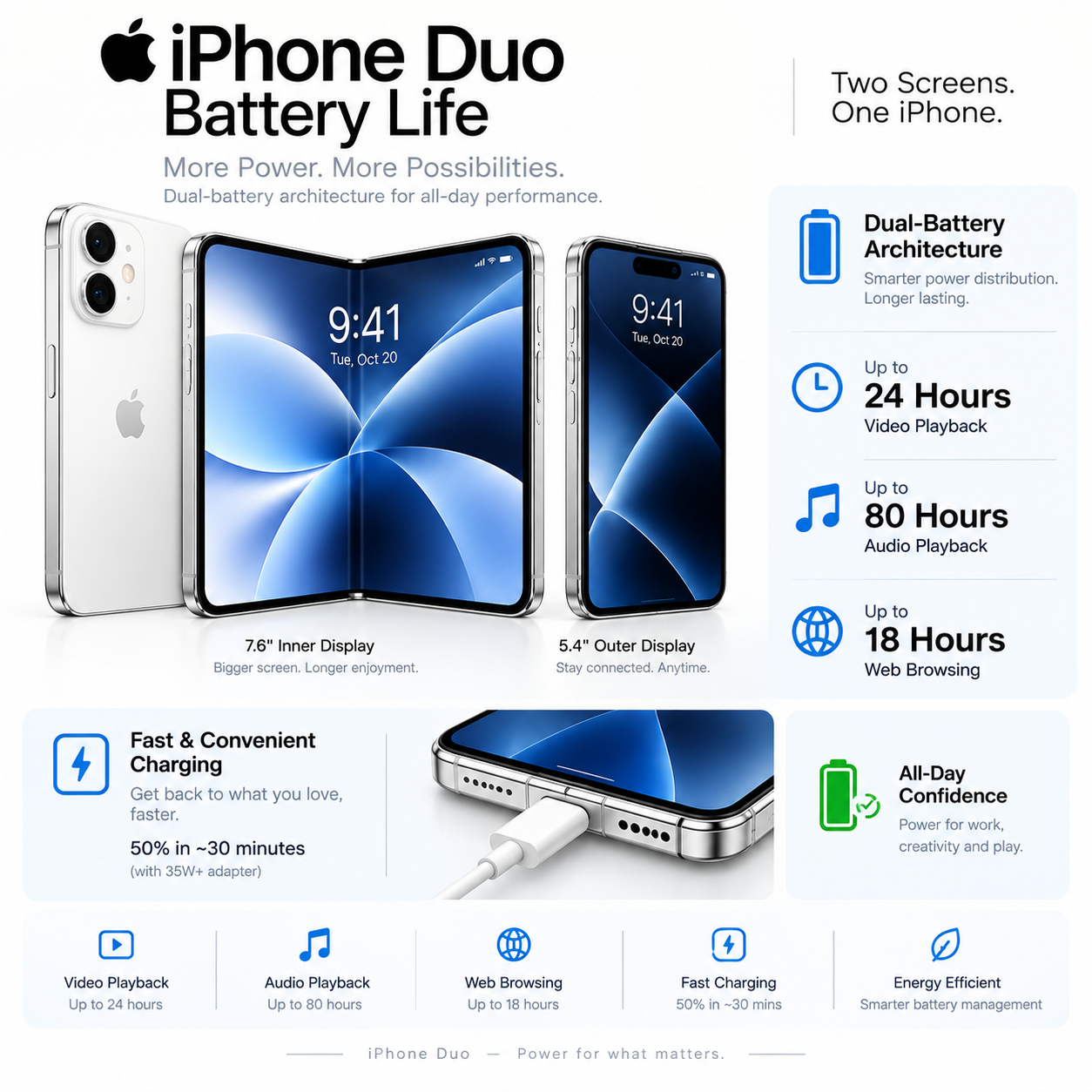 iPhone Duo foldable smartphone displayed open and closed, highlighting dual-battery architecture, all-day battery life, 7.6-inch inner display, 5.4-inch outer display, A20 Pro chip, optimized iOS, fast charging, and wireless charging.