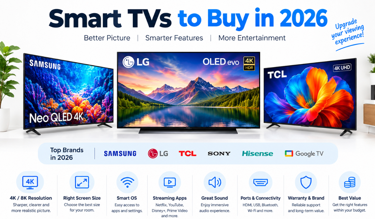 Smart TVs to buy in 2026 featuring Samsung, LG, and TCL models, with 4K/8K resolution, smart OS, streaming apps, sound, connectivity, and value.