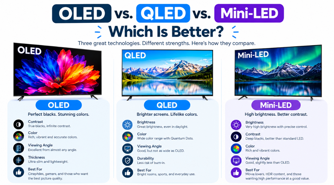 OLED vs QLED vs Mini-LED TV comparison showing differences in contrast, brightness, color, viewing angles, HDR performance, and value.
