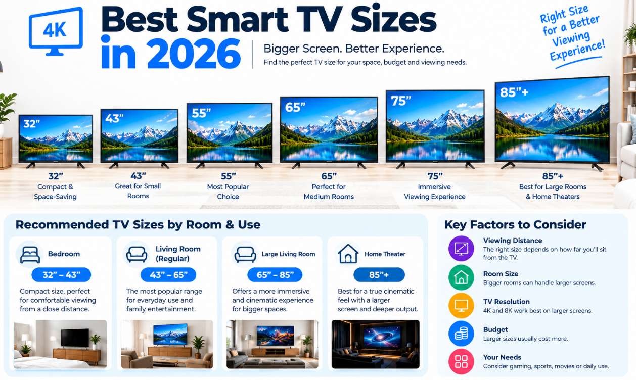 Best Smart TV sizes in 2026, comparing 32-inch, 43-inch, 55-inch, 65-inch, 75-inch, and 85-inch-plus TVs with room and viewing recommendations.