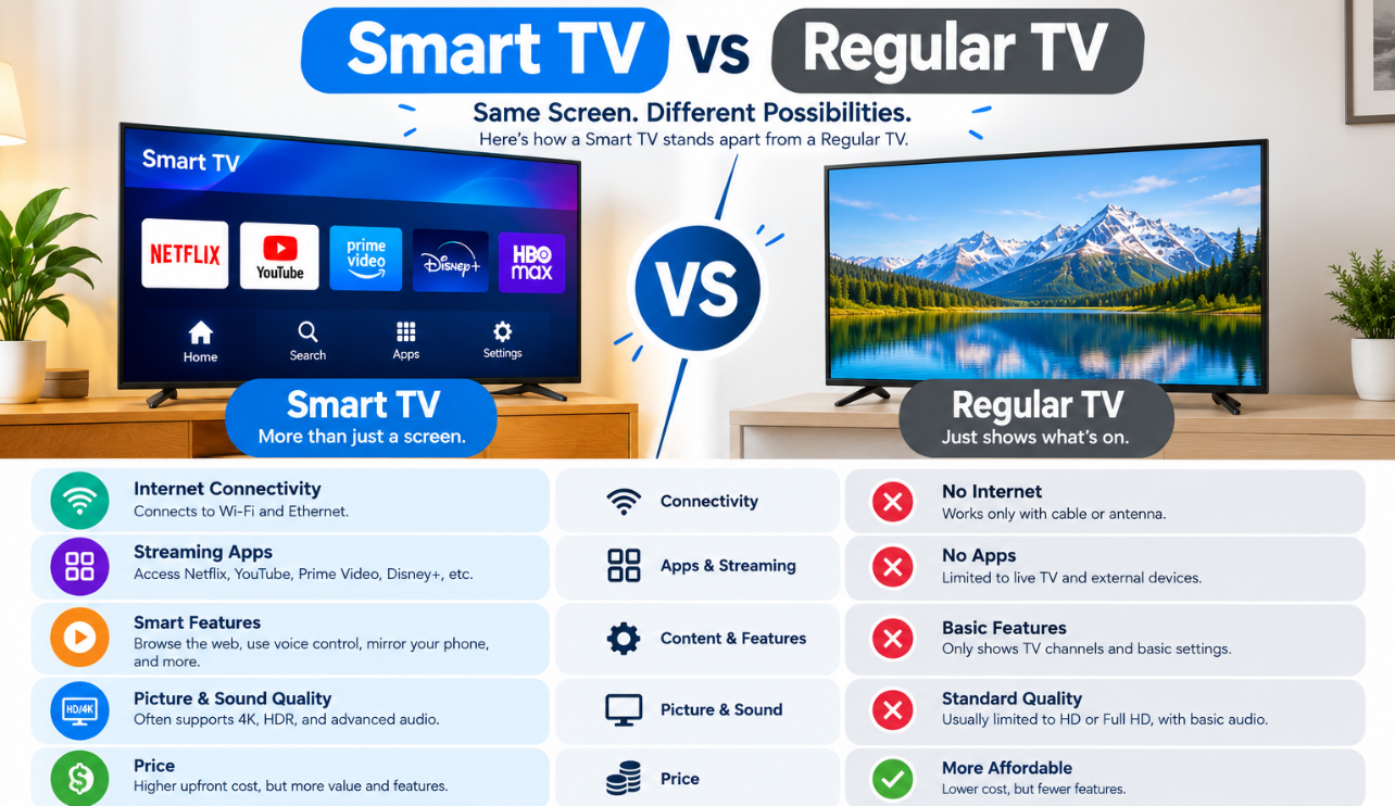Smart TV vs Regular TV comparison showing differences in internet connectivity, streaming apps, smart features, picture and sound quality, and price.