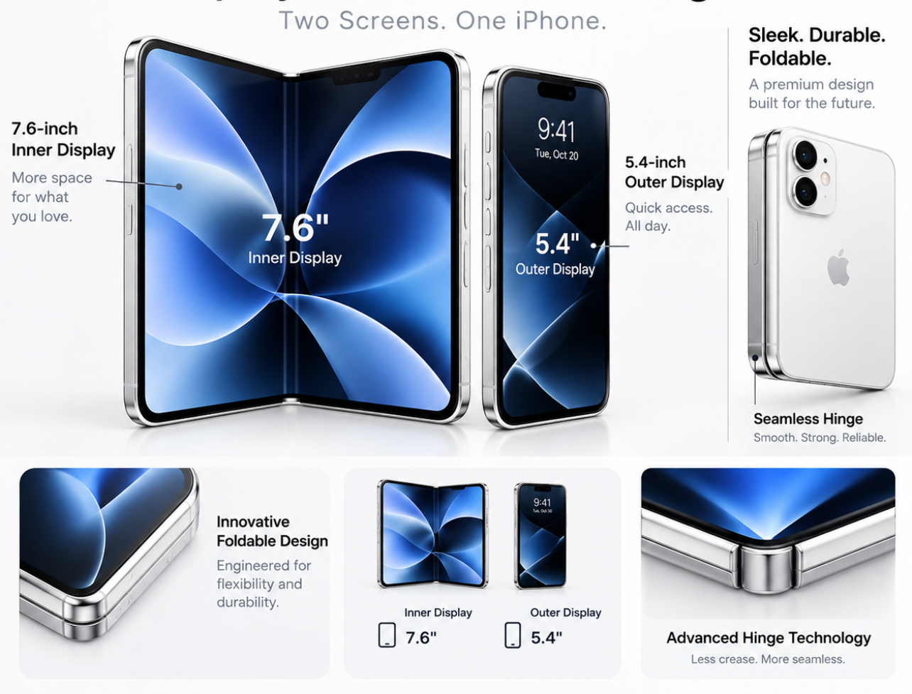 iPhone Duo foldable design featuring a 7.6-inch inner display, 5.4-inch outer display, seamless hinge, and premium silver finish on a clean white background.