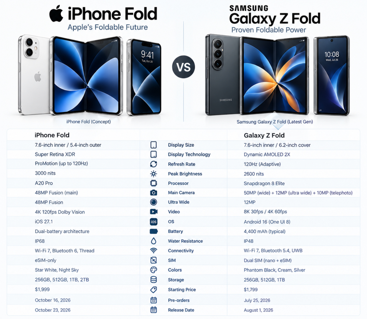 iPhone Fold concept and Samsung Galaxy Z Fold shown side by side in a detailed comparison infographic, highlighting displays, cameras, processors, battery, software, durability, storage, pricing, and release dates.