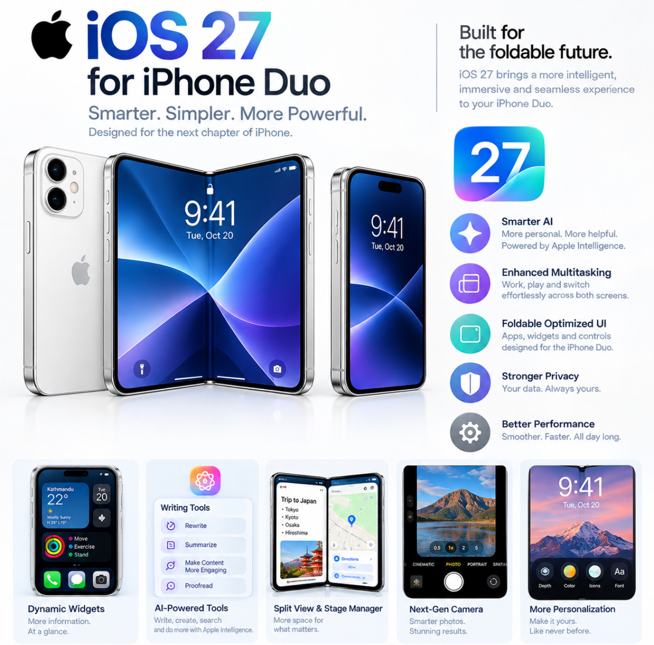 iPhone Duo foldable smartphone running iOS 27, shown open and closed with redesigned interfaces, AI-powered tools, enhanced multitasking, foldable-optimized UI, privacy features, dynamic widgets, and personalization options.
