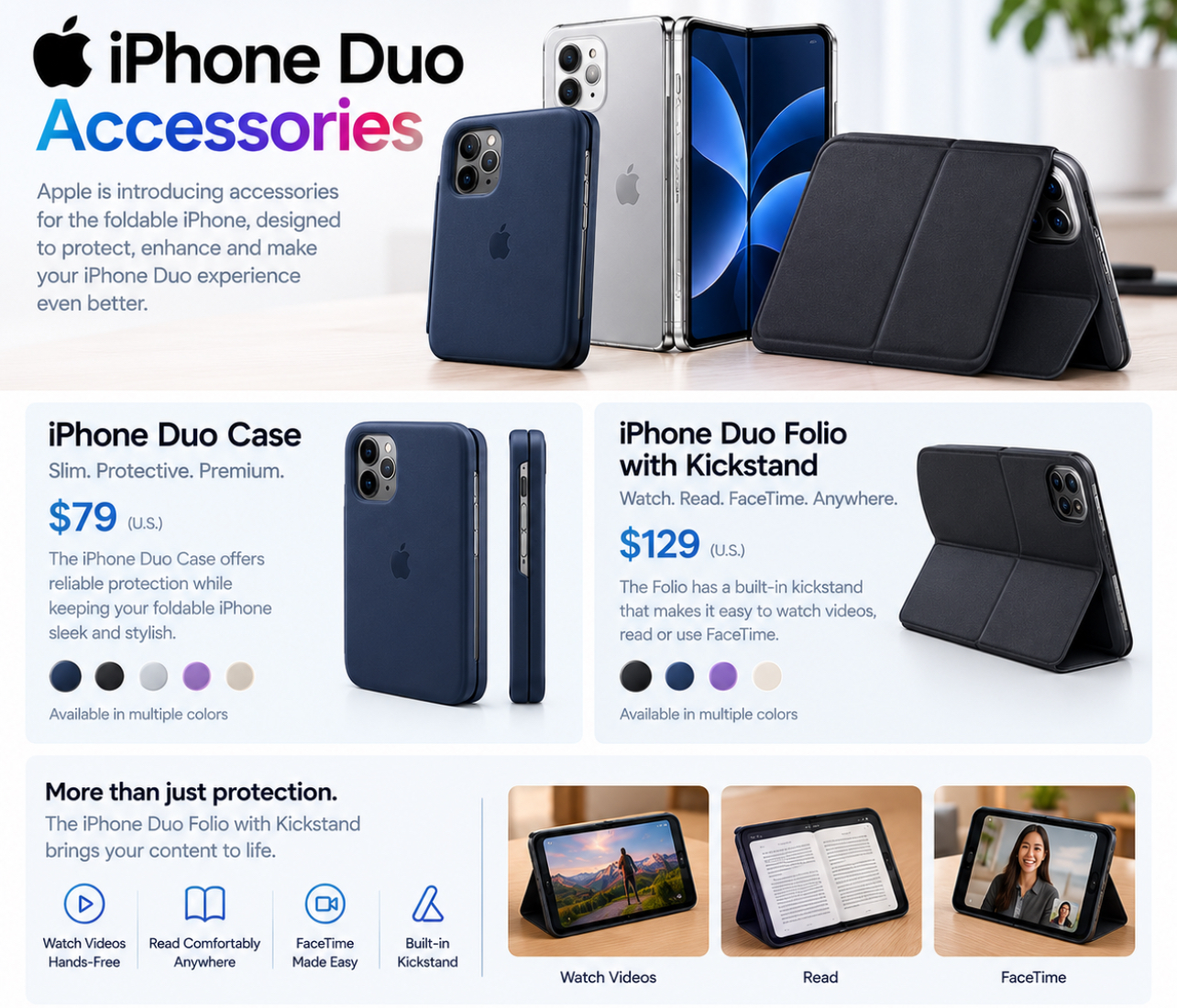 iPhone Duo foldable smartphone with a protective case and folio case featuring a built-in kickstand, with prices of $79 and $129 in the U.S.