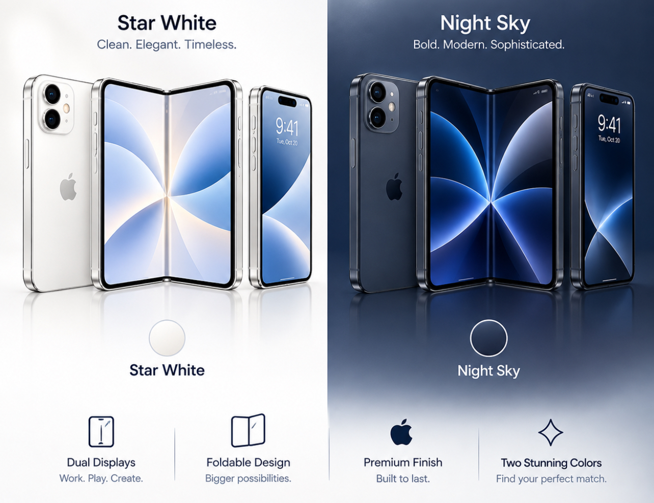 iPhone Duo foldable smartphone shown in two color options, Star White and Night Sky, with open and closed views highlighting its dual-display foldable design.
